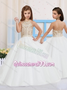 Ball Gown Halter Tulle Beading Flower Girl Dress in White