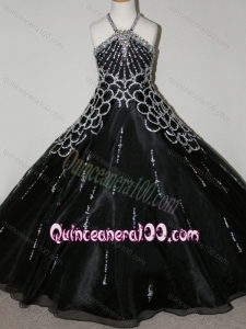 Cheap Beaded Decorated Halter Top and Bodice Little Girl Pageant Dress in Black
