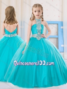 Sweet Ball Gown Halter Beading Aqua Blue Mini Quinceanera Dress in Tulle