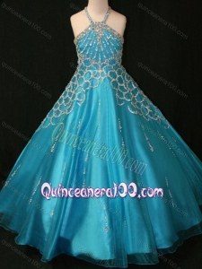 Beaded Decorated Halter Top and Bodice Teal Mini Quinceanera Dress with Criss Cross