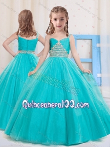 Princess Straps Floor Length Tulle Aqua Blue Mini Quinceanera Dress with Beading