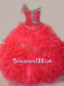 CoraL Red Ball Gown V Neck Organza Beading Mini Quinceanera Dress with Lace Up