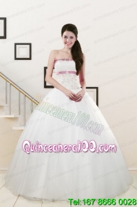 2015 Perfect Strapless Appliques and Belt Quinceanera Dresses in White