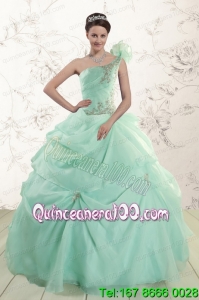2015 Apple Green One Shoulder Pretty Quinceanera Dresses with Appliques