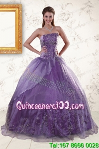 2015 Pretty Purple Strapless Appliques Quinceanera Dresses