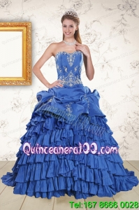 Perfect Royal Blue Appliques and Pick Ups Quinceanera Dresses with Brush Train