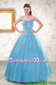 Perfect Strapless Beaded Quinceanera Dresses in Aqua Blue
