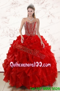 Sweetheart Elegant Red Quinceanera Dresses With Beading and Ruffles for 2015