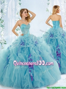 Sweet Beaded Aque Blue Detachable Quinceanera Dresses in Organza