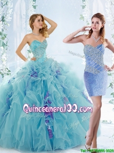 Low Price Aque Blue Detachable 2016 Quinceanera Dresses with Beading and Ruffles
