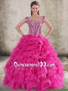 Perfect Ruffled and Beaded Bodice Straps Hot Pink 2016 Quinceanera Dresses