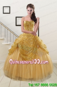 2015 Most Popular Sweetheart Sequined Sweet 16 Dresses in Gold