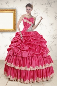 2015 New Arrival Appliques Sweet 15 Dresses in Coral Red