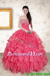 2015 New Arrival Hot Pink Strapless Quinceanera Dresses with Beading and Ruffles