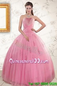 2015 New Arrival Pink Quinceaneras Dresses with Appliques and Beading