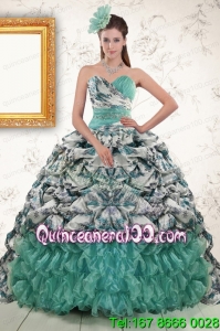2015 New Arrival Turquoise Sweep Train Quinceanera Dresses with Beading and Picks Ups