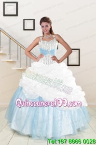 2015 New Arrival White and Blue Ball Gown Quinceanera Dress with Halter