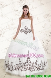 2015 Puffy Appliques Strapless White Sweet 16 Dresses