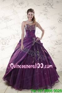 2015 Traditional Purple Sweetheart Appliques Quinceanera Dresses
