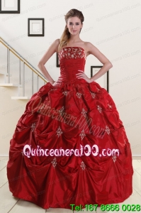 Traditional Strapless Wine Red Appliques Quinceanera Dresses for 2015