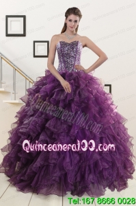 2015 Unique Purple Quinceanera Dresses with Beading and Ruffles