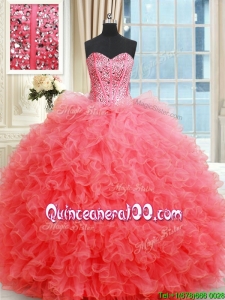 Beautiful Visible Boning Ruffled and Beaded Bodice Coral Red Quinceanera Gown