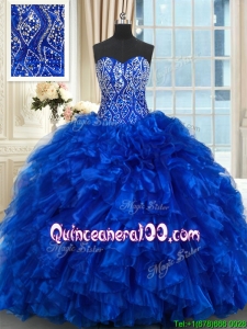 Best Selling Ruffled Beaded Bodice Royal Blue Quinceanera Dress with Brush Train