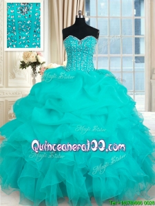 Elegant Visible Boning Beaded Bodice and Ruffled Turquoise Organza Quinceanera Gown