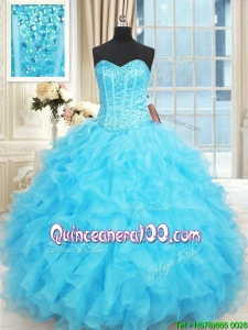 Exclusive Visible Boning Ruffled and Beaded Aqua Blue Quinceanera Dress in Organza