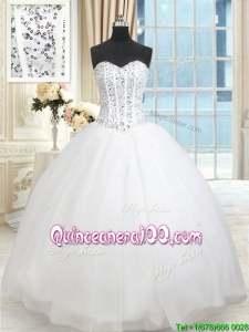 Fashionable Visible Boning Puffy Skirt Beaded Bodice Quinceanera Dress in White