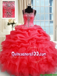 Gorgeous See Through Back Zipper Up Straps Organza Quinceanera Dress in Coral Red
