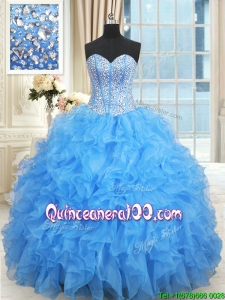 Gorgeous Visible Boning Baby Blue Quinceanera Dress with Ruffles and Beaded Bodice