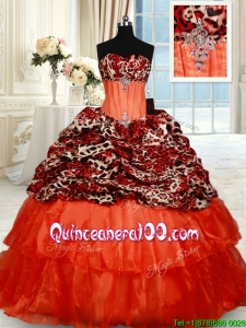 Latest Beaded Brush Train Orange Red Quinceanera Dress in Organza and Leopard