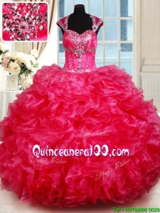 Luxurious Open Back Ruffled and Beaded Hot Pink Quinceanera Dress with Cap Sleeves