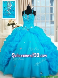 Modern Bubble and Beaded Straps Organza Quinceanera Dress in Baby Blue