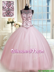 New Style See Through Scoop Tulle Baby Pink Quinceanera Dress with Beading