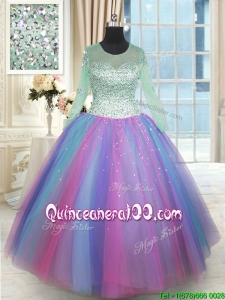 Perfect See Through Scoop Long Sleeves Rainbow Colored Quinceanera Dress in Tulle