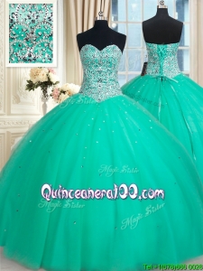 Pretty Big Puffy Sweetheart Beaded Bodice Turquoise Quinceanera Dress in Tulle