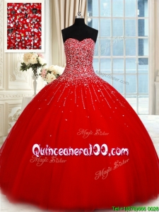 Romantic Big Puffy Tulle Beaded Bodice Red Quinceanera Dress with Sweetheart