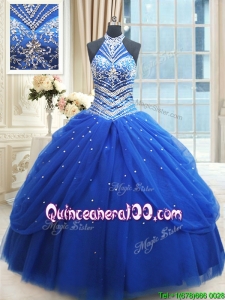 Top Seller Beaded Decorated Halter Top Royal Blue Quinceanera Dress in Tulle