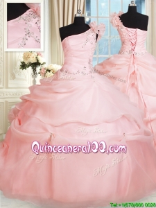 Cheap One Shoulder Pink Quinceanera Dress with Handcrafted Flower and Beading
