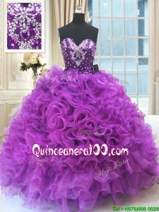 Discount Sweetheart Ruffled and Beaded Organza Quinceanera Dress in Eggplant Purple