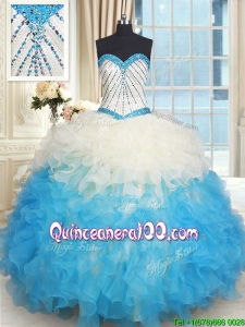 Fashionable Ruffled and Beaded Bodice Quinceanera Dress in Champagne and Blue
