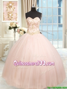 Hot Sale Big Puffy Tulle Beaded Quinceanera Dress in Baby Pink