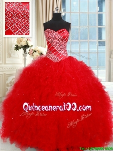 Modest Sweetheart Tulle Red Quinceanera Dress with Ruffles and Beading