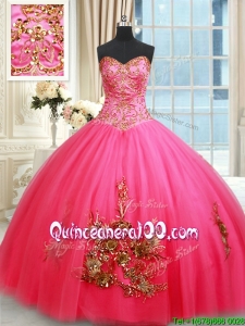 Affordable Really Puffy Hot Pink Quinceanera Dress with Appliques and Beading