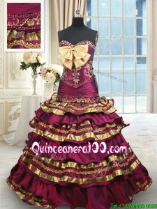 Hot Sale Bowknot Ruffled Layers Gold and Burgundy Quinceanera Dress with Brush Train