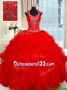 Perfect Open Back Ruffled and Beaded Red Quinceanera Dress with Cap Sleeves