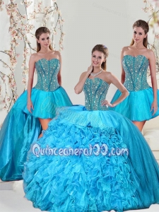 Detachable Aqua Blue Sweet 15 Dresses with Beading and Ruffles for 2015 Spring