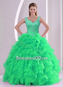 2015 Beautiful Spring Green Quinceanera Dresses with Beading and Ruffles